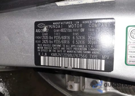 2008 Hyundai Tucson Limited V6/Se z USA, uszkodzony, nr VIN KM8JN12D98U767566